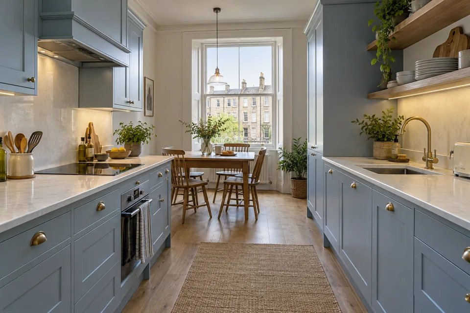 A light blue kitchen with generous drawers in a Glasgow flat-size room