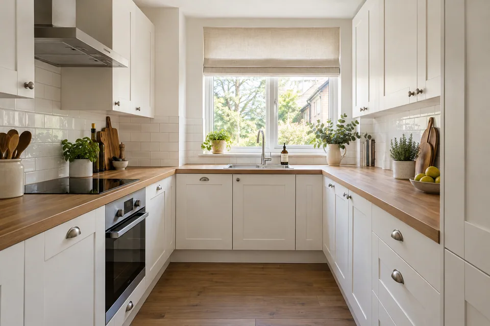 A compact white and timber U-shaped kitchen with a built-in oven