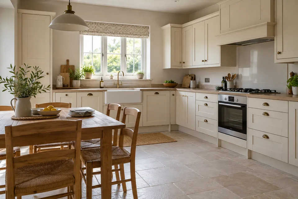 A cream Shaker kitchen with a small wooden dining table and realistic clearance