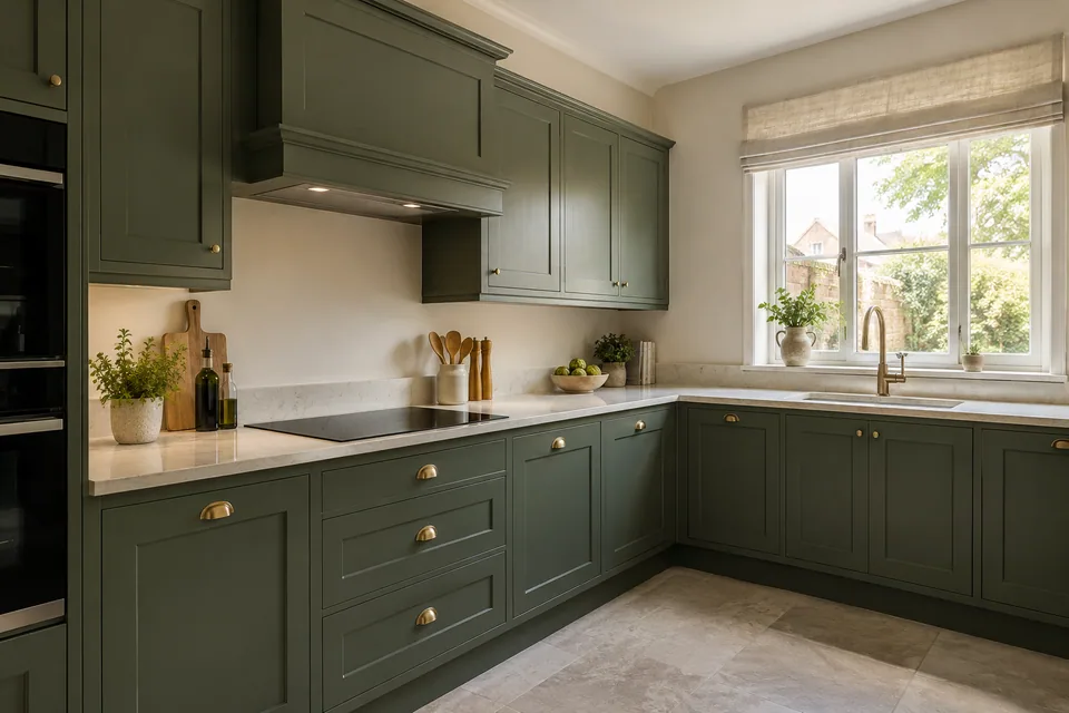 A muted forest-green kitchen with an induction hob and unobstructed worktops
