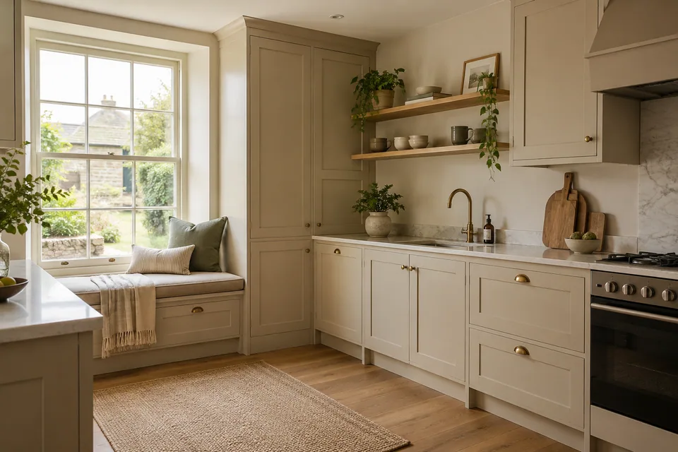 A practical sand-coloured kitchen with a window seat beside closed storage