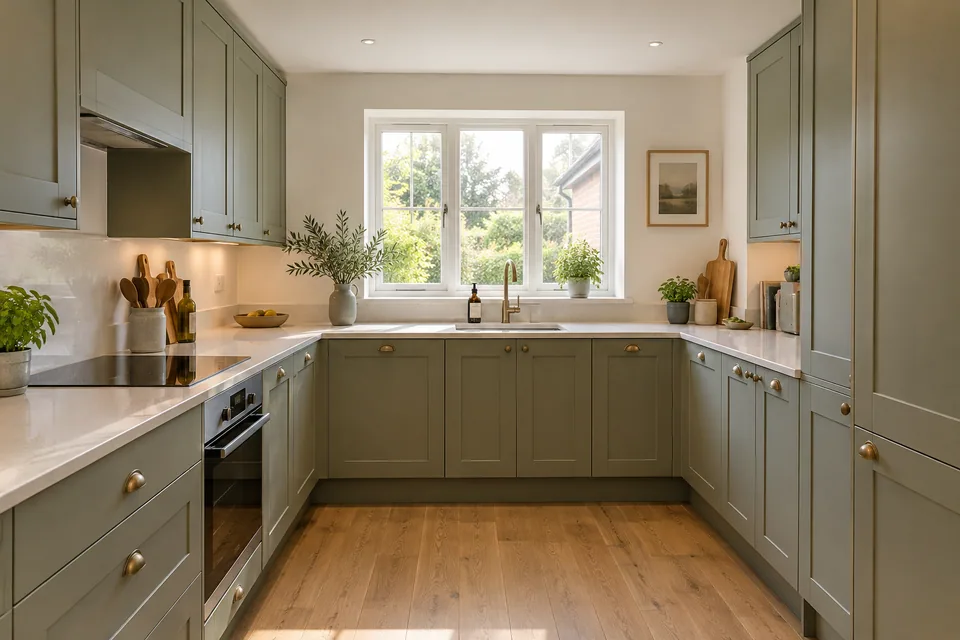 A bright finished fitted kitchen with sage units, oak flooring and a useful U-shaped layout
