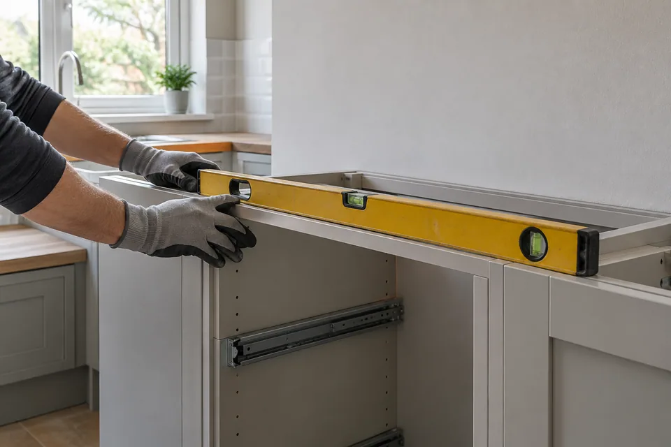 A kitchen cabinet being levelled during careful fitting, close-up of gloved hands and a spirit level on an unconnected cabinet, no faces