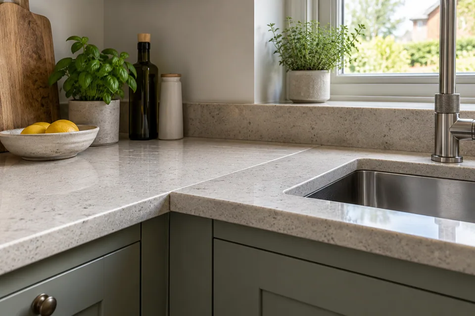A close-up of an accurately fitted worktop joint beside a practical sink and a clean splashback
