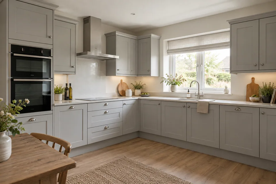 Neatly aligned cupboard doors and drawers in a completed light grey fitted kitchen