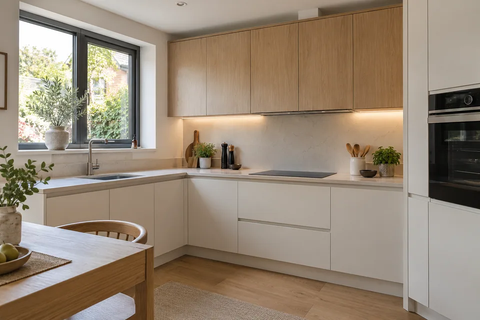 White slab doors with light oak cabinets and a compact L-shaped layout