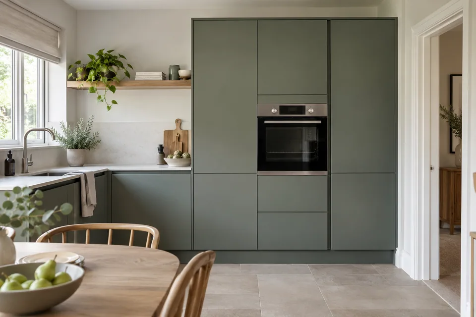 A compact bank of flat-front cabinets with an integrated oven