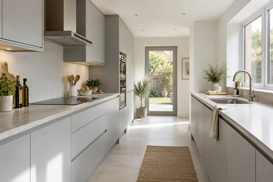 Soft grey slab doors, a bright galley and stone-look worktops