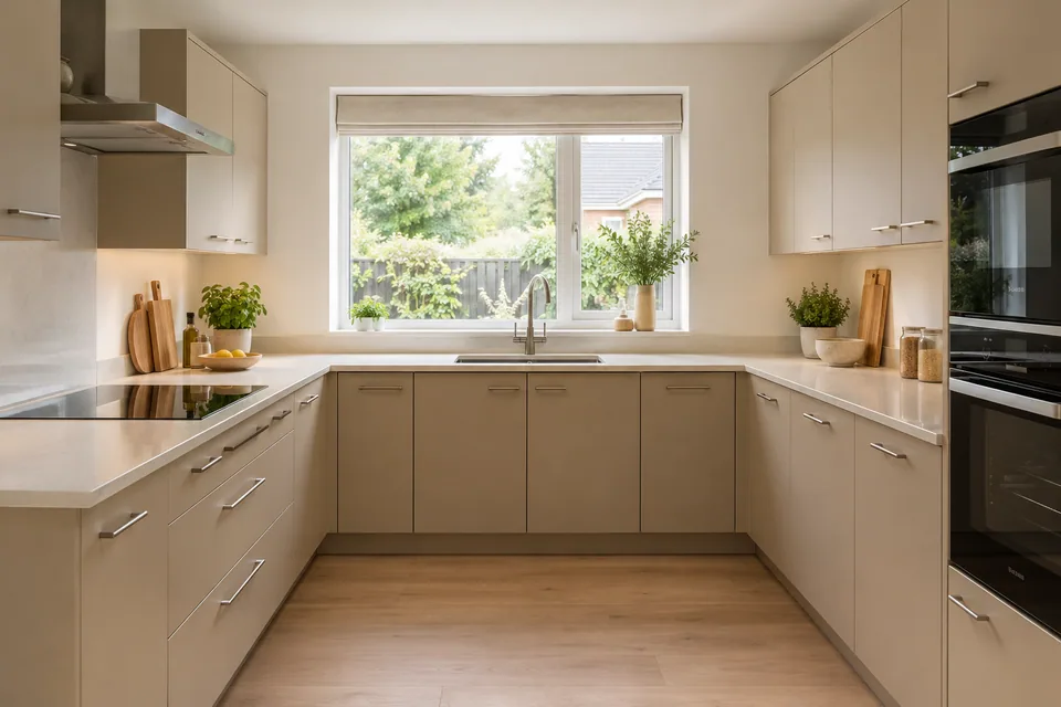 Warm sand cabinets in a medium U-shaped family kitchen