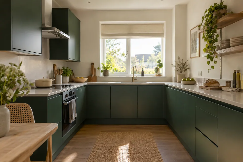 Deep green flat-front cupboards with pale worktops in a modest room
