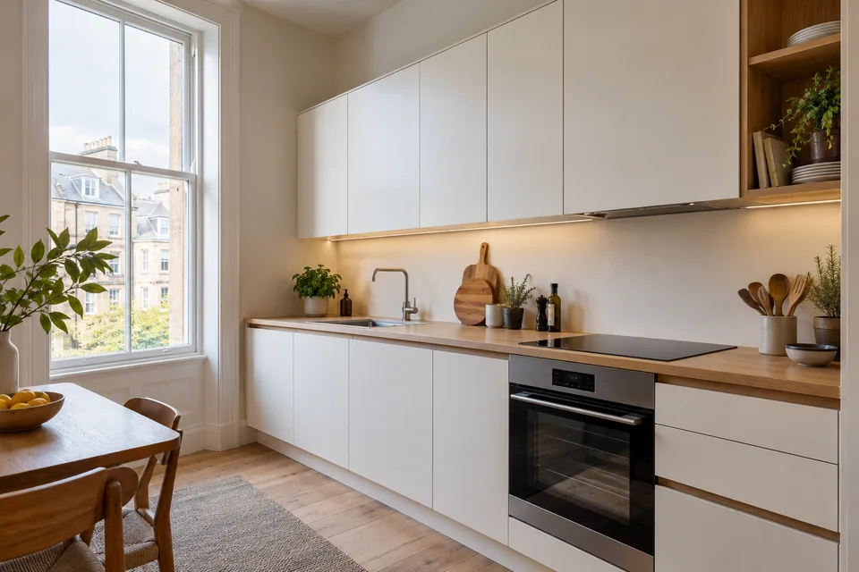 White and oak cabinets beside a window in a compact Glasgow flat