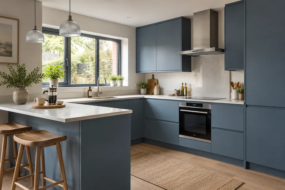 Muted blue slab cabinets with a small breakfast peninsula