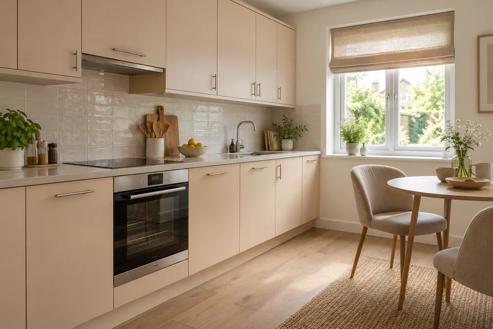 A practical modern kitchen with pale cabinets and a dining nook