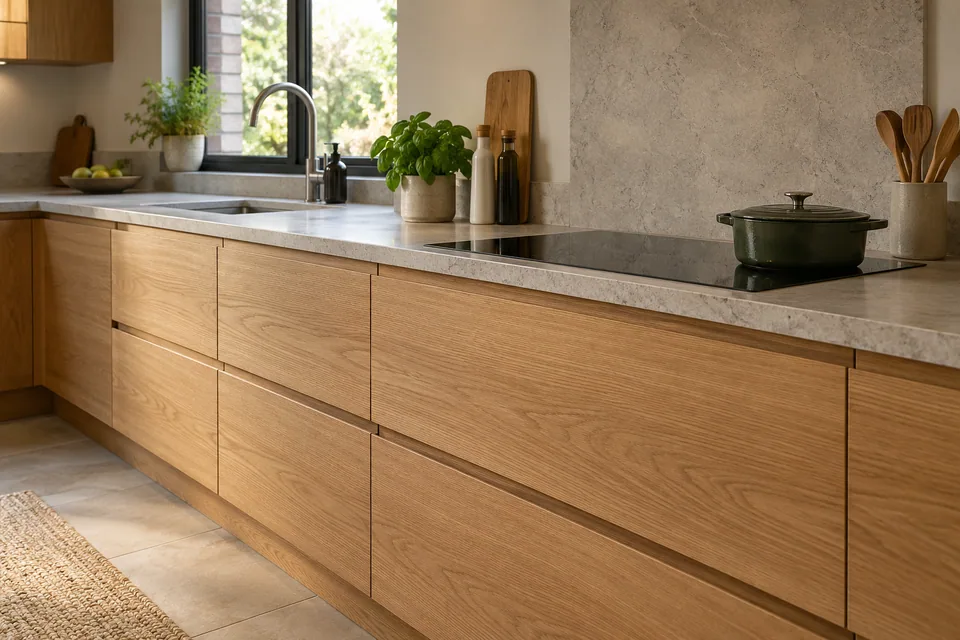 Close view of oak-front wide drawers below a stone-look worktop