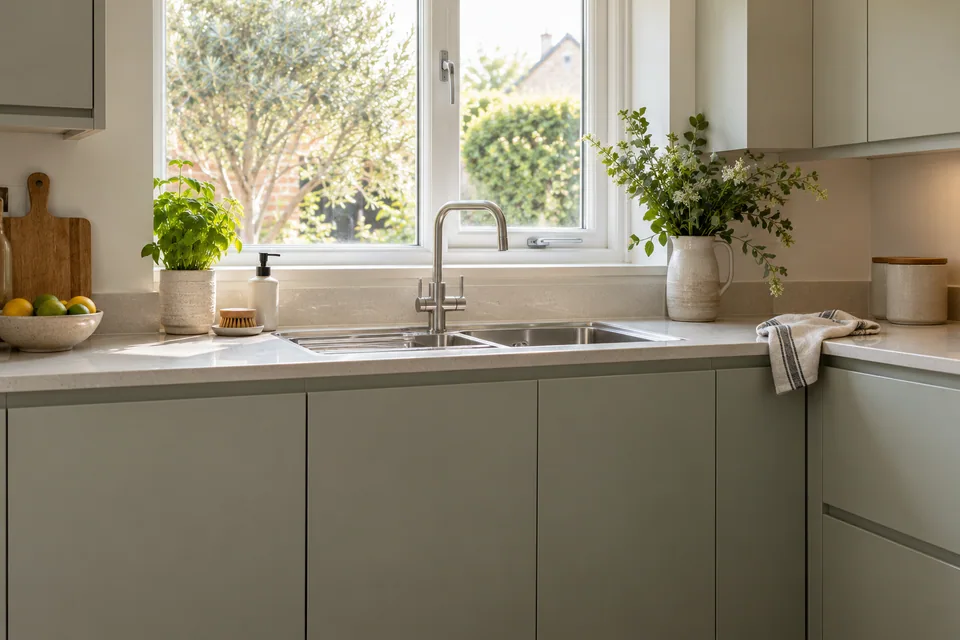 Close view of flat-front cupboards and a stainless steel sink under a window