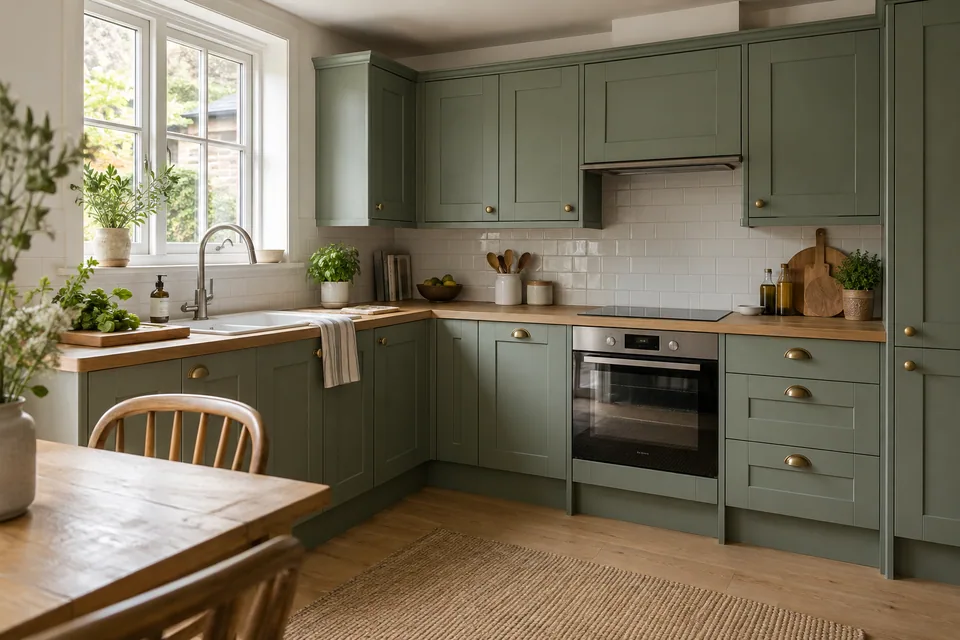 Sage green framed Shaker doors and pale oak worktops in a modest L-shaped room