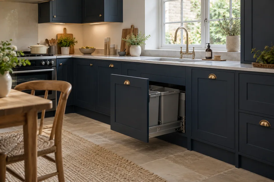 Navy Shaker cabinets with integrated waste drawers and a quiet working sink