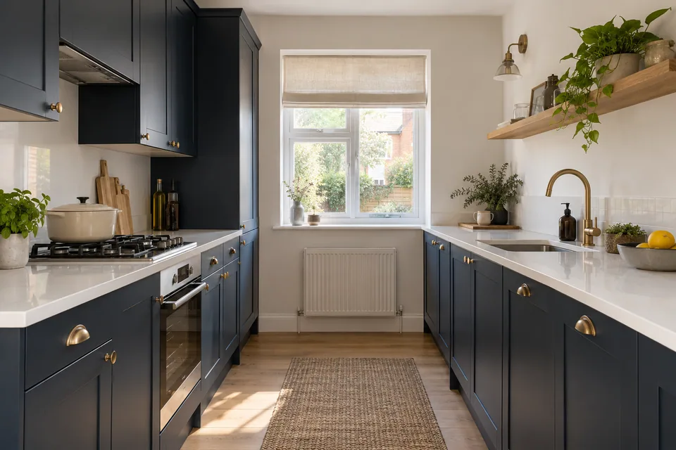 Navy blue Shaker cabinetry and white counters in a compact galley