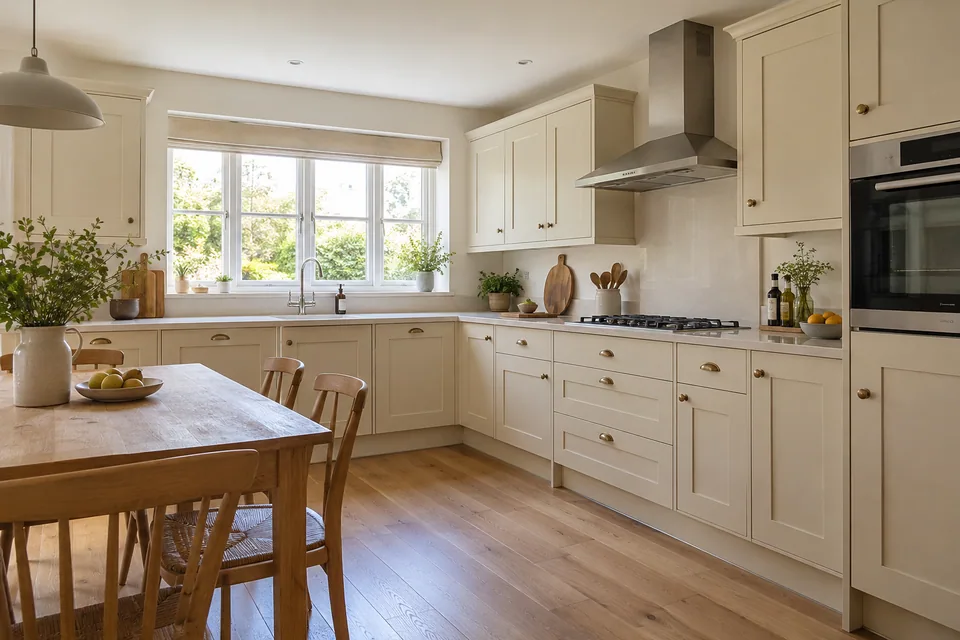 Warm cream Shaker cupboards and timber flooring in a bright family kitchen