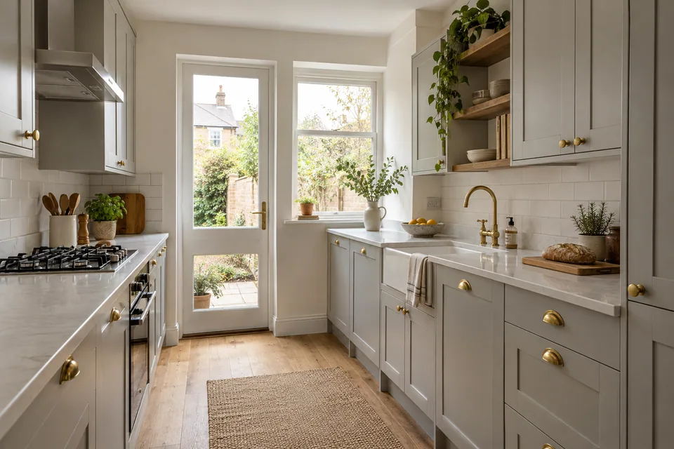 Pale grey Shaker doors and brass handles in an ordinary UK terrace kitchen