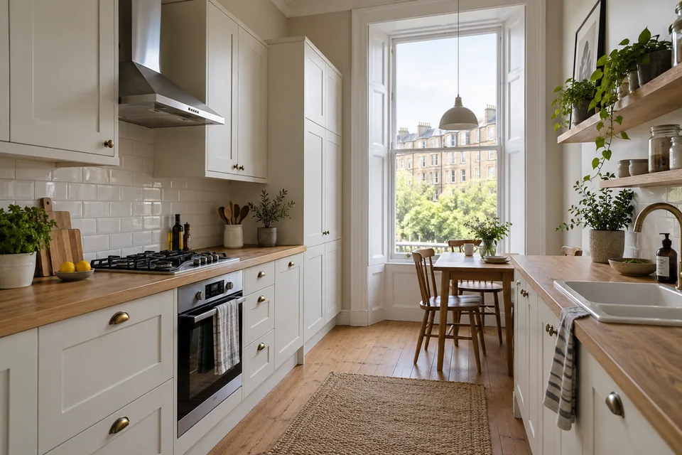 White Shaker cabinets in a Glasgow tenement-size kitchen with a tall window