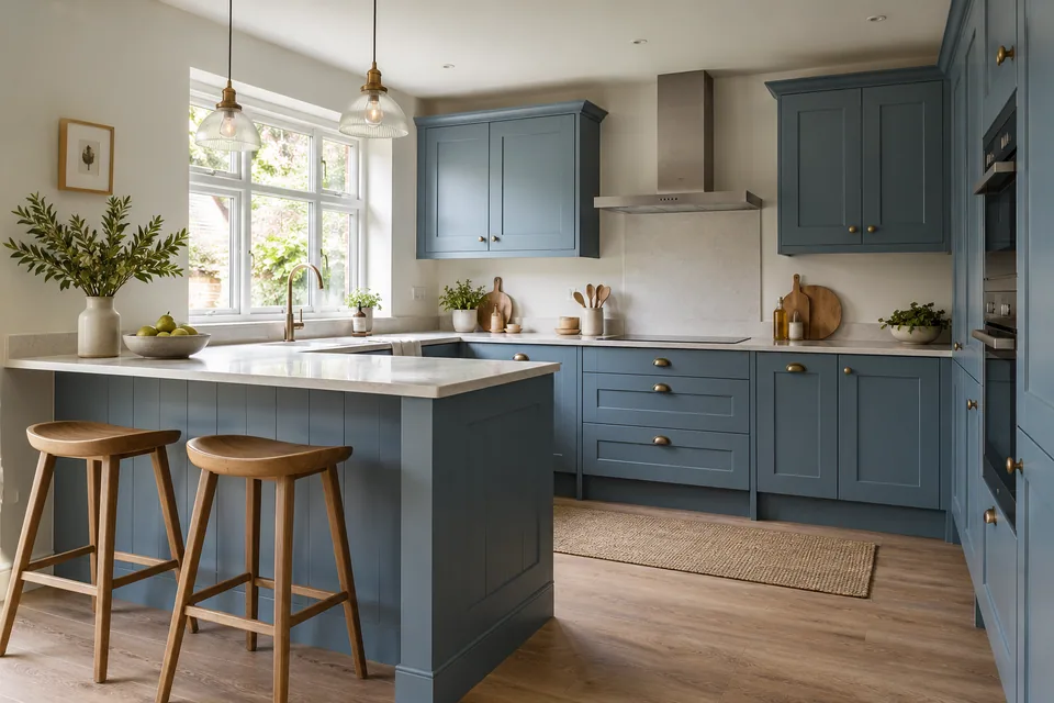 Muted blue Shaker units and a practical small peninsula