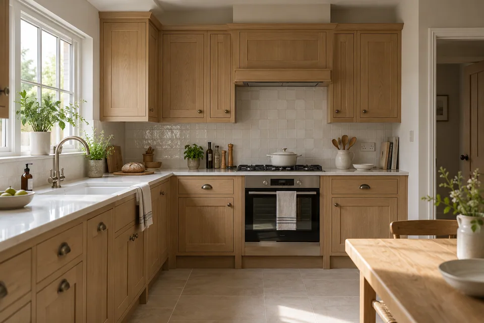 Natural oak Shaker cabinetry and light ceramic splashback tiles