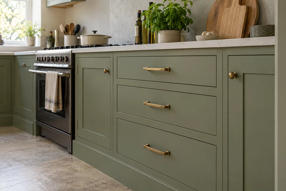 Close view of sage Shaker drawers with simple brushed brass handles