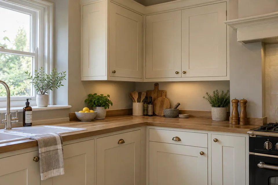 Close view of a cream Shaker corner cupboard beside a practical worktop