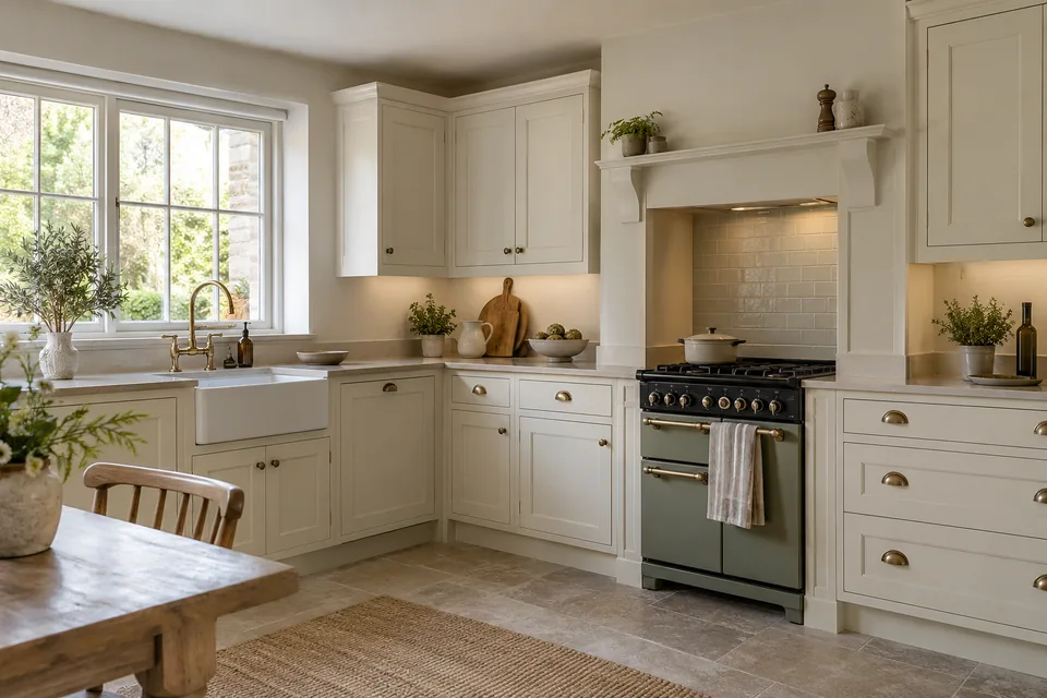 Cream classic framed cabinetry with restrained cornice and a small range cooker
