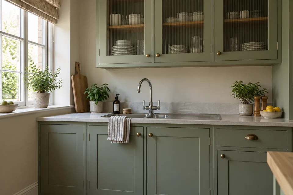 A traditional sage kitchen sink area with practical closed storage