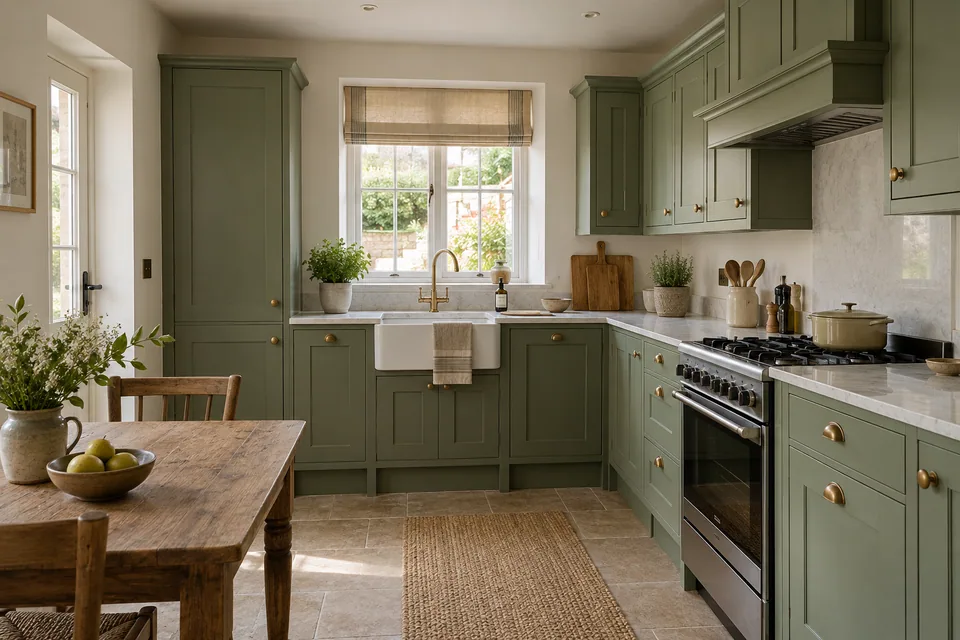 Muted green traditional cupboards in a compact country-inspired UK kitchen