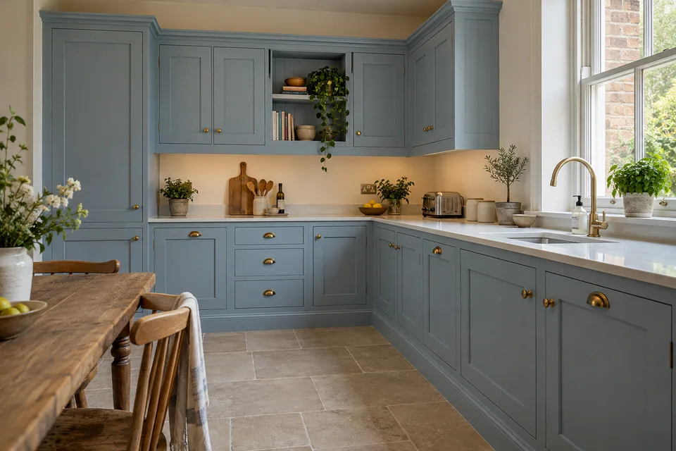 Soft blue traditional cabinetry with brass hardware in a modest room