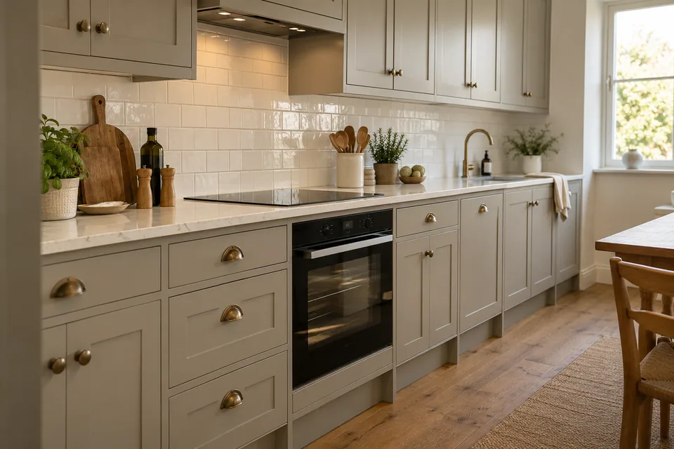Warm grey classic framed cupboards with practical worktops and a fitted oven