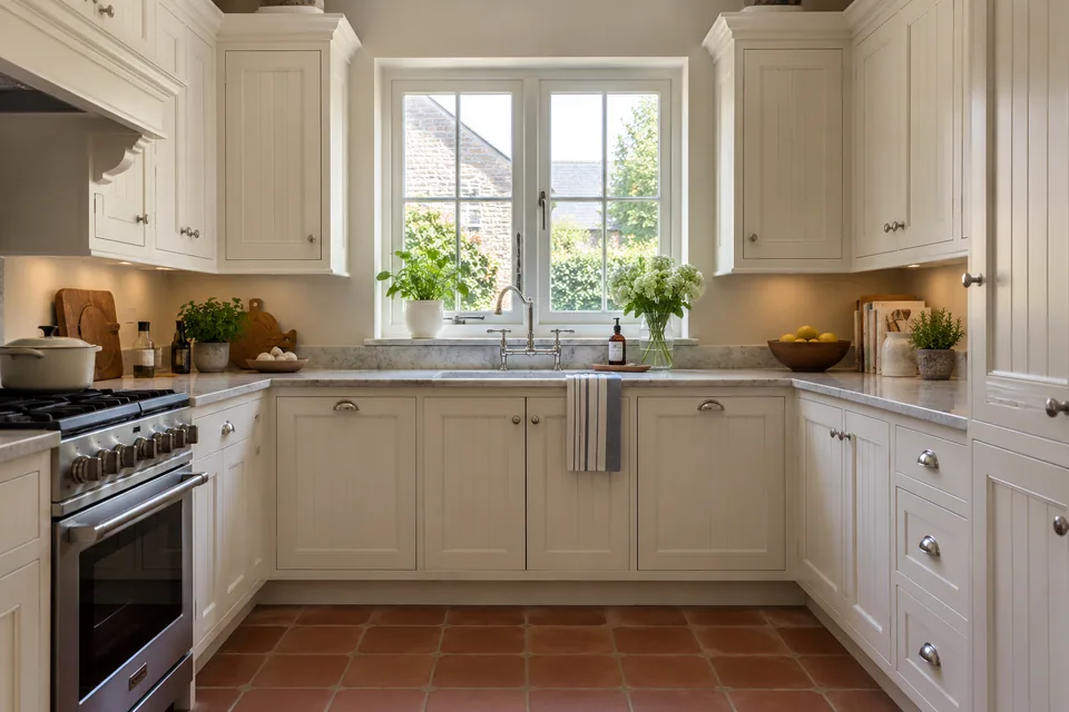 Ivory traditional cabinets around a window in a medium family kitchen