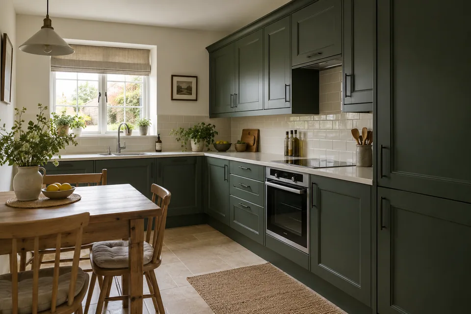 Dark green classic cabinetry with a small timber breakfast table