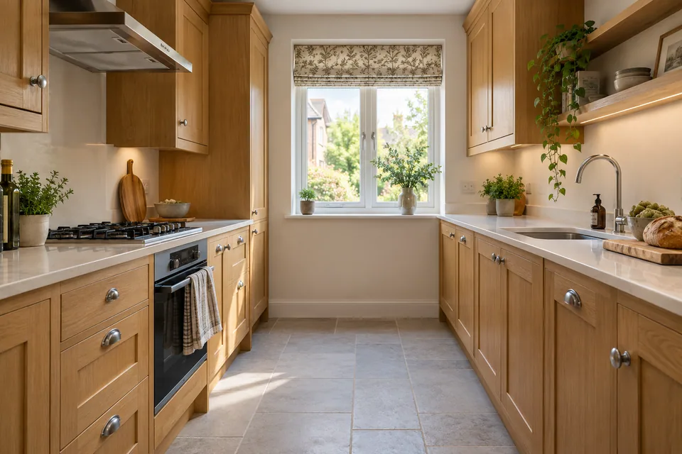 Warm oak traditional cabinetry in a light-filled modest galley