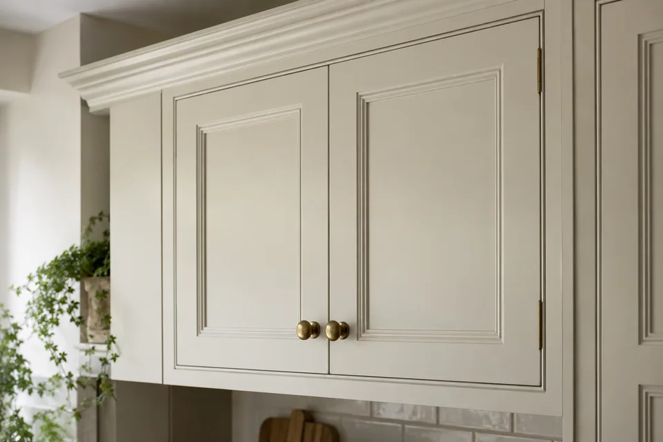 Close view of classic cream cupboard doors, a subtle cornice and brass knobs