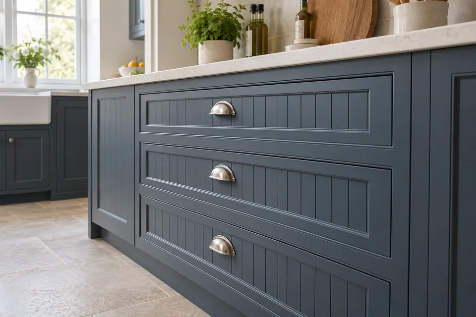 Close view of blue traditional drawers beneath a light worktop